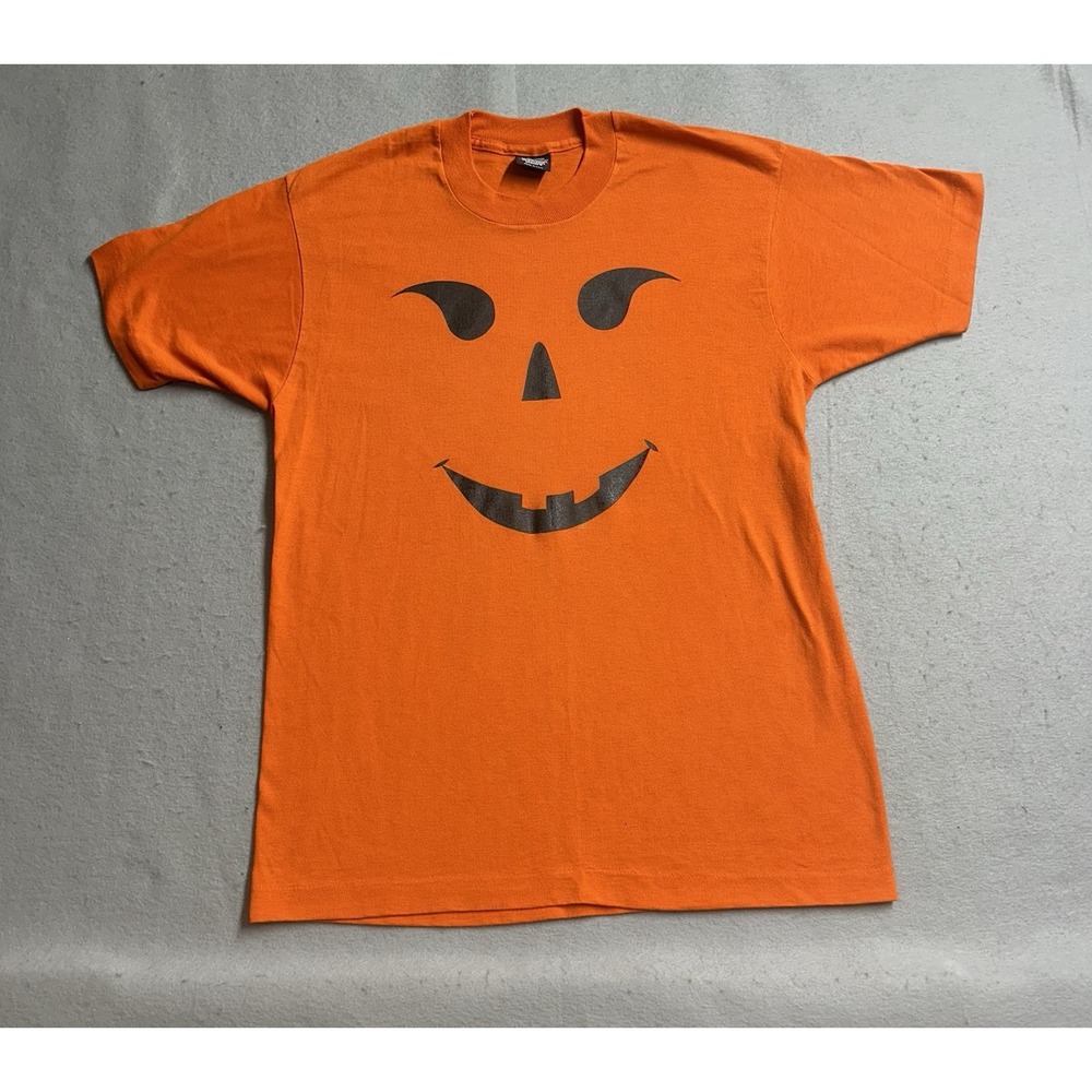 Vintage 90s Halloween Pumpkin T Shirt Single Stitch Orange Large Hanes
